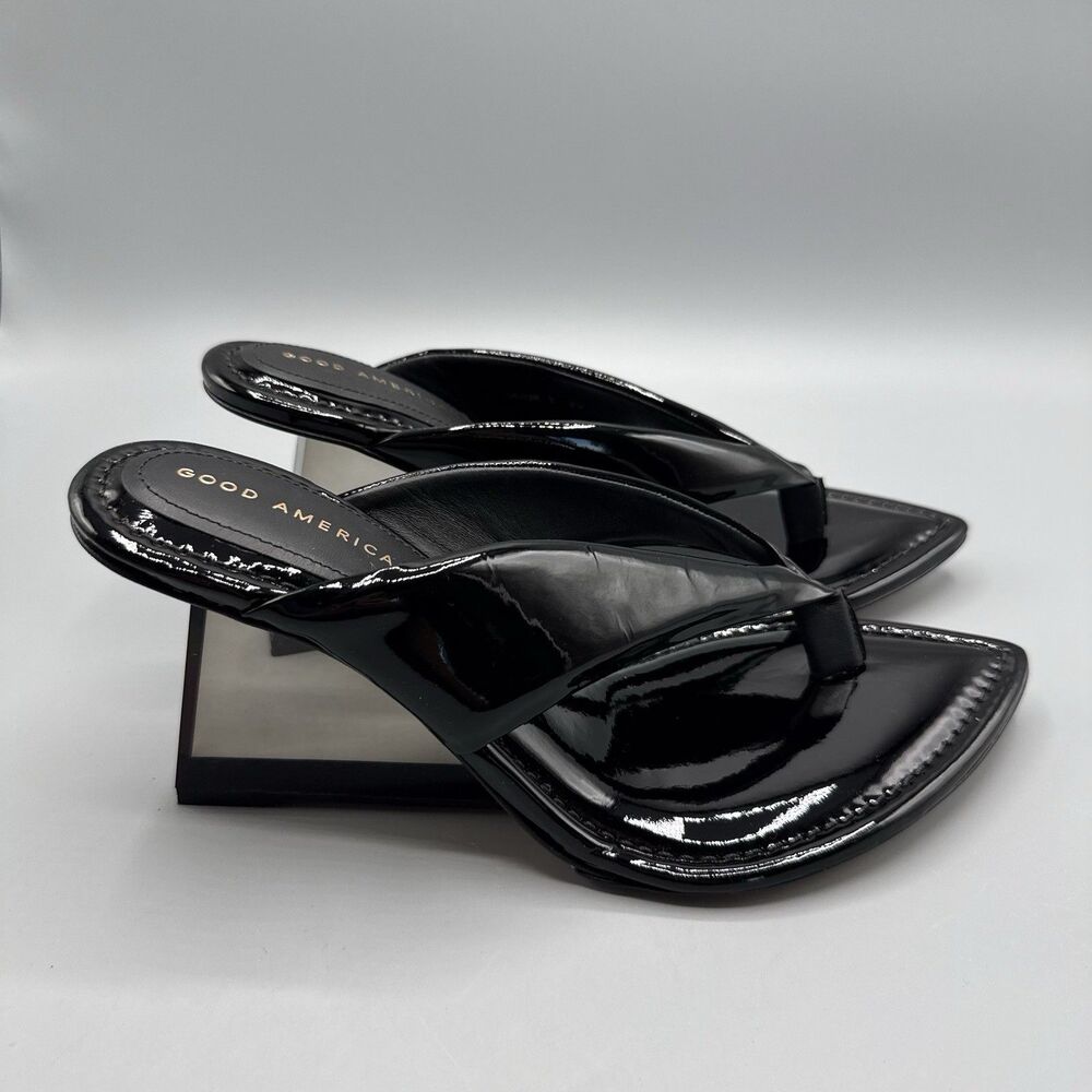 Good American Clear Wedge Black Patent Leather Sandal Heels Size 9.5